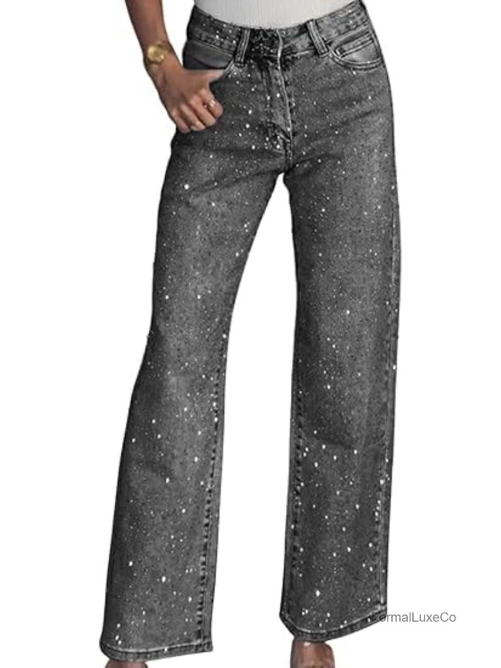 Wide Leg Rhinestone Sparkly Jeans High Rise Pull On Embellished Pants